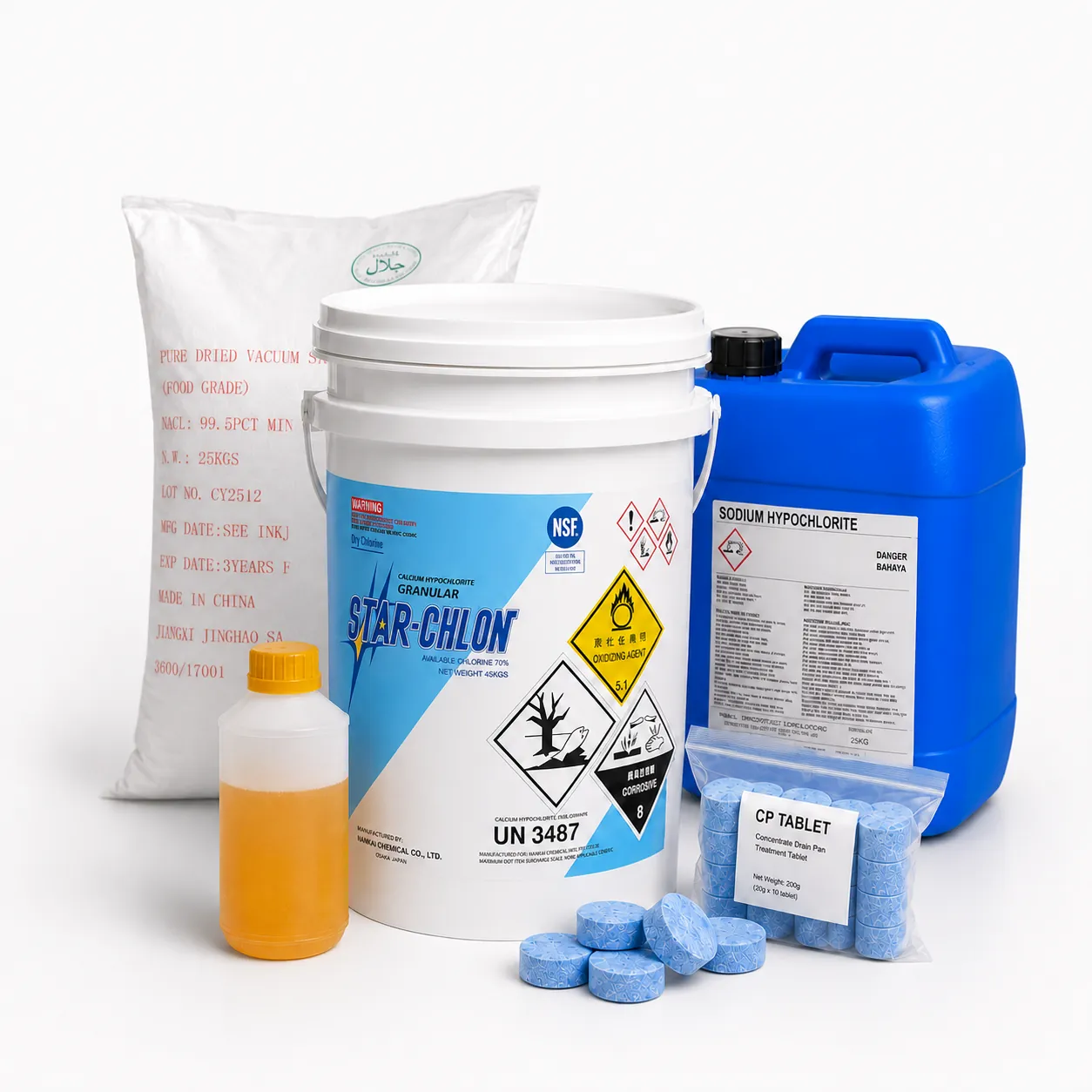 Swimming pool chlorinators, chlorine tablets and water treatment chemicals