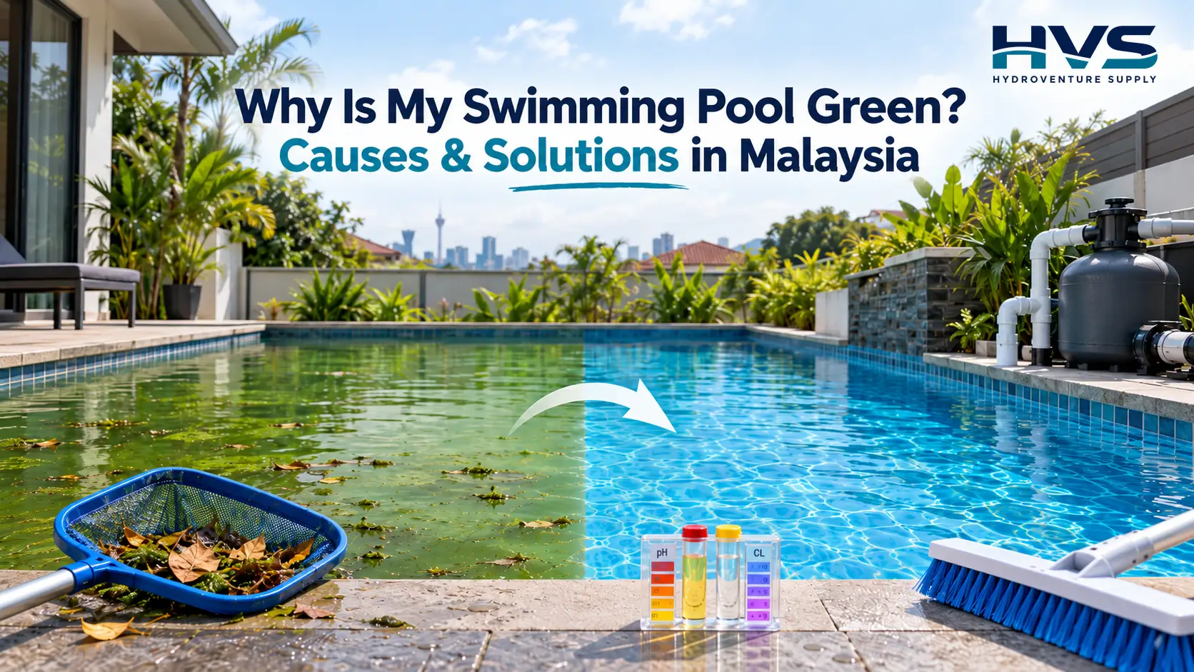 Green algae-filled swimming pool compared with clear blue pool water, featuring pool cleaning tools, chlorine and pH test kit, and Hydroventure Supply logo.