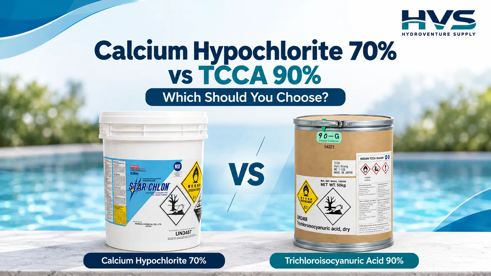 Side-by-side comparison of STARCHLON Calcium Hypochlorite 70% and NISSAN TCCA 90% swimming pool chlorine products.